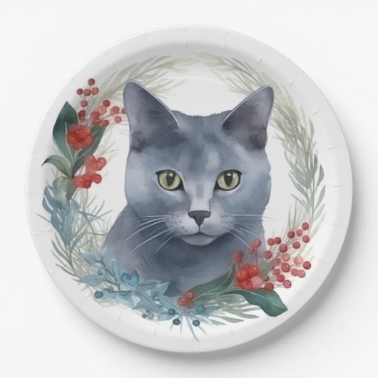 Russian Blue Cat Christmas Wreath Festive Kitten Pappteller (Vorderseite)