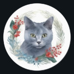 Russian Blue Cat Christmas Wreath Festive Kitten Runder Aufkleber<br><div class="desc">Sie suchen das perfekte Weihnachtsgeschenk für Ihren wütenden Freund? Unser Cat Weihnachtsgeschenk ist genau das, was Sie brauchen! Mit einem schönen Weihnachtsthema ist es das ideale Geschenk für Ihr geliebtes Haustier. Egal ob Sie eine Katzen-Mutter, Katze-Papa oder einfach nur ein Katzen-Liebhaber sind, dieses Geschenk bringt Ihrem Kätzchen während der Ferienzeit...</div>