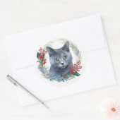 Russian Blue Cat Christmas Wreath Festive Kitten Runder Aufkleber (Umschlag)