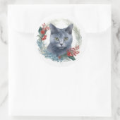 Russian Blue Cat Christmas Wreath Festive Kitten Runder Aufkleber (Tasche)