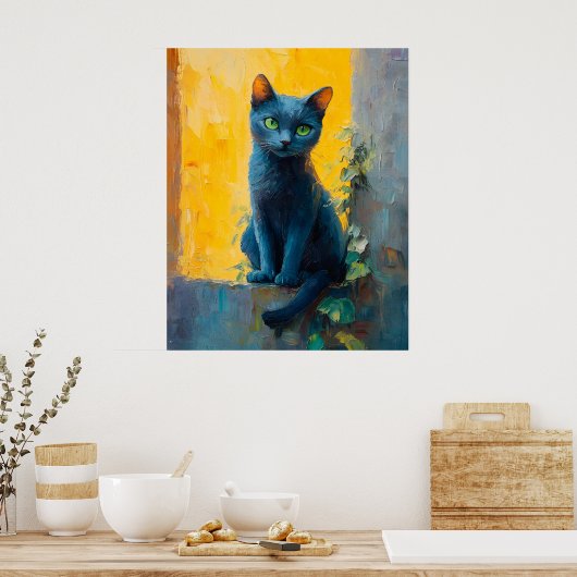 Russian Blue Cat in Golden Light – Peaceful Ledge Poster (Küche)