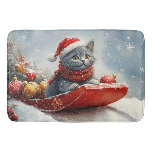 Russian Blue Cat in Sledge Let it Snow Christmas Badematte (Vorderseite)