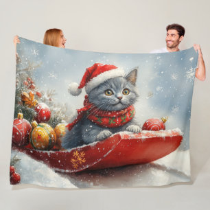 Russian Blue Cat in Sledge Let it Snow Christmas Fleecedecke