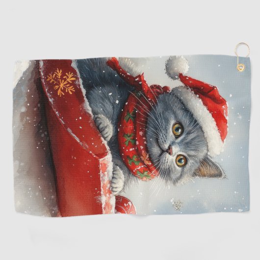 Russian Blue Cat in Sledge Let it Snow Christmas Golfhandtuch (Horizontal)