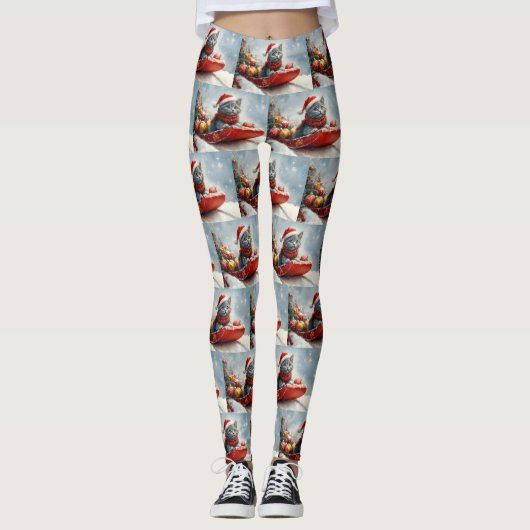Russian Blue Cat in Sledge Let it Snow Christmas Leggings (Vorderseite)
