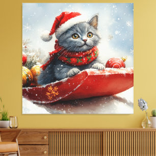Russian Blue Cat in Sledge Let it Snow Christmas Leinwanddruck