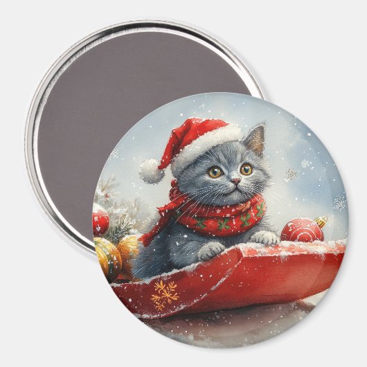 Russian Blue Cat in Sledge Let it Snow Christmas Magnet (Vorderseite/Rückseite)