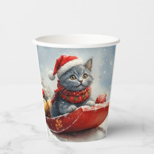 Russian Blue Cat in Sledge Let it Snow Christmas Pappbecher (Vorderseite)