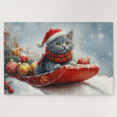 Russian Blue Cat in Sledge Let it Snow Christmas Puzzle (Horizontal)