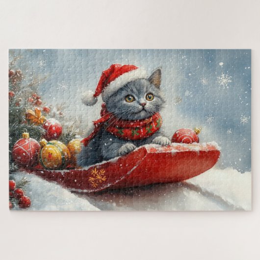 Russian Blue Cat in Sledge Let it Snow Christmas Puzzle (Horizontal)