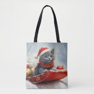 Russian Blue Cat in Sledge Let it Snow Christmas Tasche