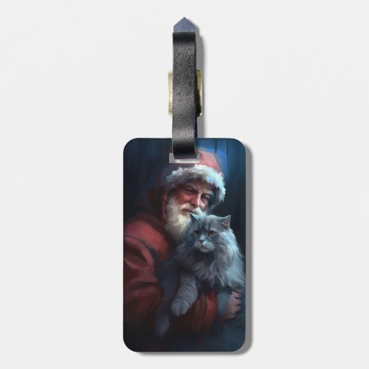 Russian Blue Cat Santa Claus Festliche Weihnachten Gepäckanhänger (Rückseite vertikal)