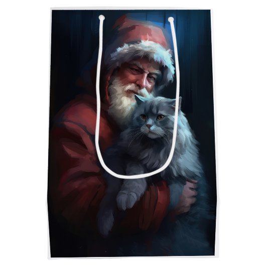 Russian Blue Cat Santa Claus Festliche Weihnachten Mittlere Geschenktüte (Rückseite)