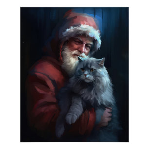 Russian Blue Cat Santa Claus Festliche Weihnachten Poster