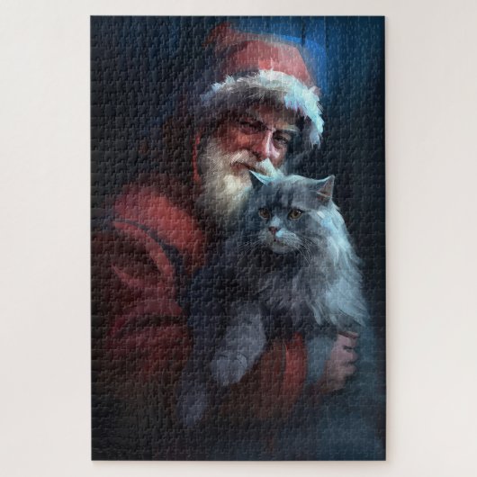Russian Blue Cat Santa Claus Festliche Weihnachten Puzzle (Vertikal)