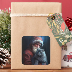 Russian Blue Cat Santa Claus Festliche Weihnachten Quadratischer Aufkleber