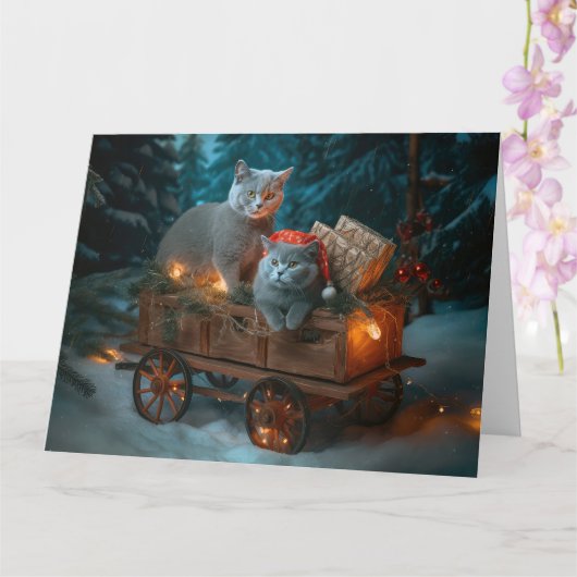 Russian Blue Cat Snowy Sleigh Weihnachtsdekor Karte (Orchidee)