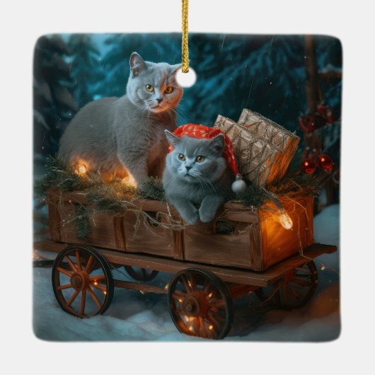 Russian Blue Cat Snowy Sleigh Weihnachtsdekor Keramikornament (Rückseite)
