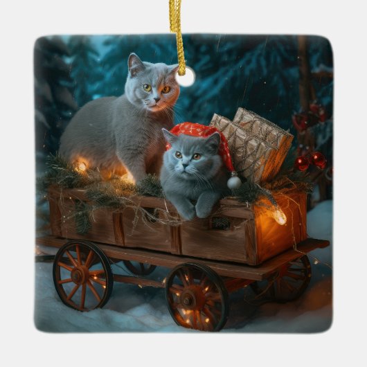 Russian Blue Cat Snowy Sleigh Weihnachtsdekor Keramikornament (Vorderseite)
