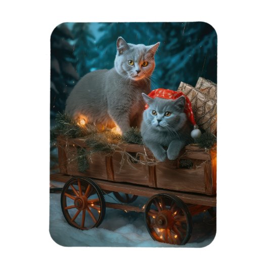 Russian Blue Cat Snowy Sleigh Weihnachtsdekor Magnet (Vertikal)
