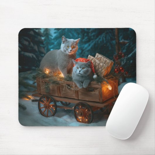 Russian Blue Cat Snowy Sleigh Weihnachtsdekor Mousepad (Mit Mouse)