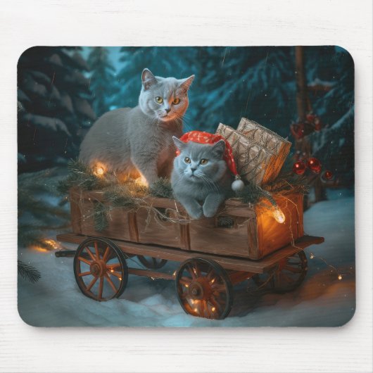 Russian Blue Cat Snowy Sleigh Weihnachtsdekor Mousepad (Vorne)