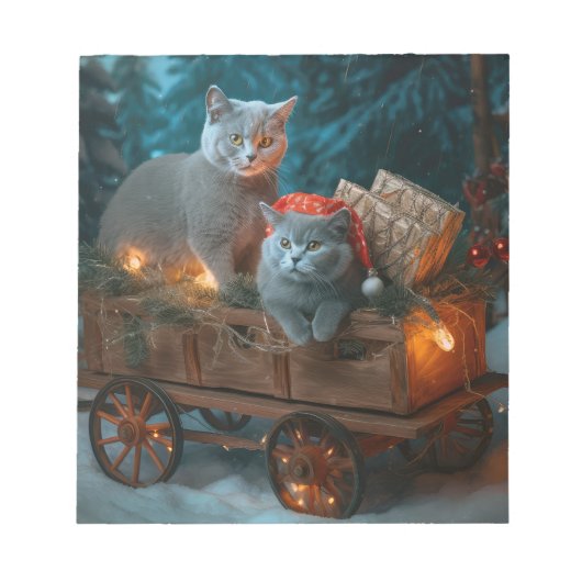 Russian Blue Cat Snowy Sleigh Weihnachtsdekor Notizblock (Vorderseite)