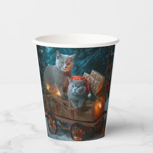 Russian Blue Cat Snowy Sleigh Weihnachtsdekor Pappbecher (Vorderseite)