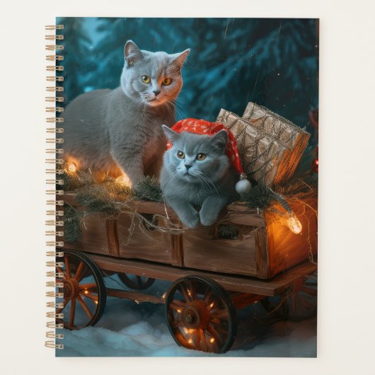 Russian Blue Cat Snowy Sleigh Weihnachtsdekor Planer (Vorderseite)