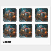 Russian Blue Cat Snowy Sleigh Weihnachtsdekor Quadratischer Aufkleber (Blatt)