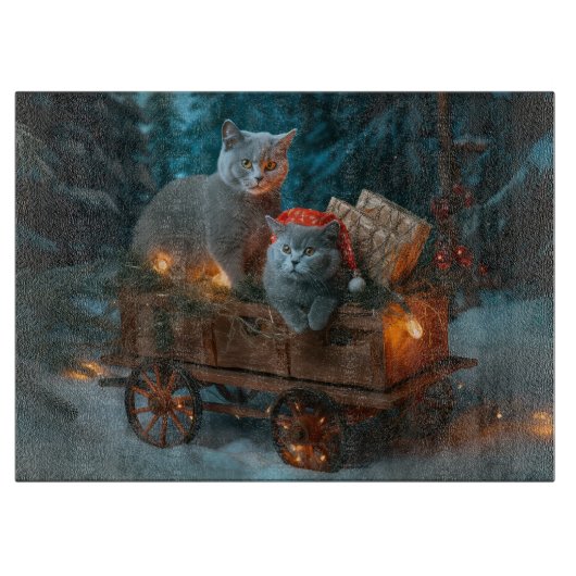 Russian Blue Cat Snowy Sleigh Weihnachtsdekor Schneidebrett (Vorderseite)