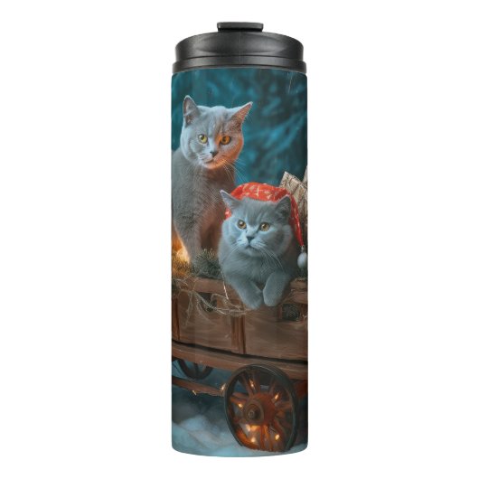 Russian Blue Cat Snowy Sleigh Weihnachtsdekor Thermosbecher (Vorderseite)