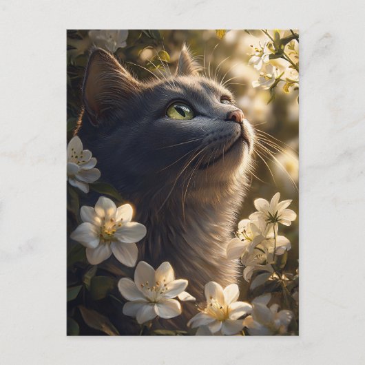 Russian Blue Cat White Blume Postkarte (Vorderseite)