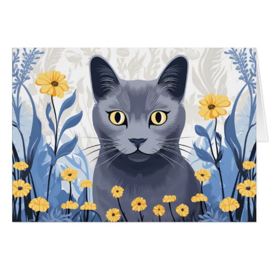 Russian Blue Cat Yellow Flowers Card (Vorderseite (Horizontal))
