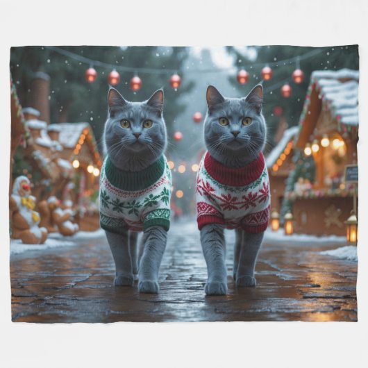 Russian Blue Cats Christmas Snow Holiday  Fleecedecke (Vorderseite (Horizontal))