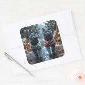 Russian Blue Cats Christmas Snow Holiday  Quadratischer Aufkleber (Umschlag)