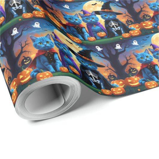 Russian Blue Cats Pumpkin Halloween Funny Geschenkpapier (Rolleneckpunkt)