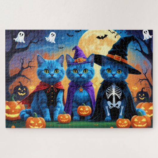 Russian Blue Cats Pumpkin Halloween Funny Puzzle (Horizontal)