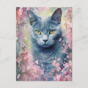 Russisch Blau Katze Aquarell Blumen Postkarte