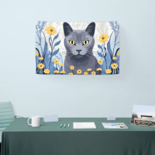 Russisch Blau Katze Gelbe Blumen Banner