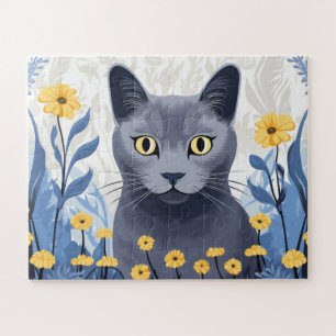 Russisch Blau Katze Gelbe Blumen Puzzle