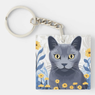 Russisch Blau Katze Gelbe Blumen Schlüsselanhänger