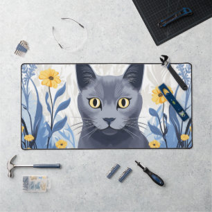 Russisch Blau Katze Gelbe Blumen Schreibtischunterlage