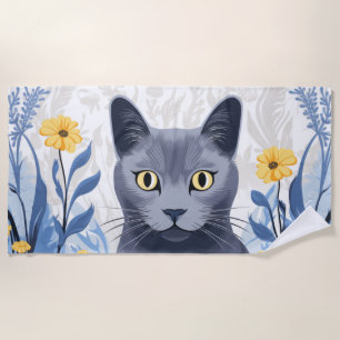 Russisch Blau Katze Gelbe Blumen Strandtuch