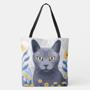 Russisch Blau Katze Gelbe Blumen Tasche