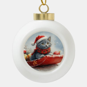 Russisch Blau Katze im Schlitten Lass es schneien  Keramik Kugel-Ornament