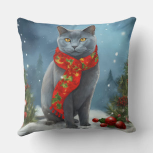 Russisch Blau Katze im Schnee Weihnachten Kissen
