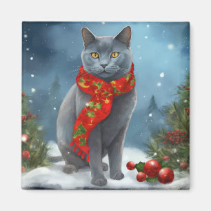 Russisch Blau Katze im Schnee Weihnachten Magnet