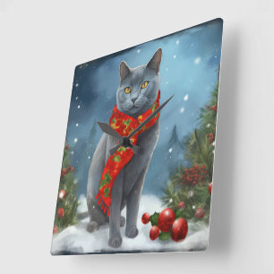 Russisch Blau Katze im Schnee Weihnachten Quadratische Wanduhr