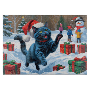 Russisch Blau Katze läuft durch Schnee mit Weihnac Schneidebrett